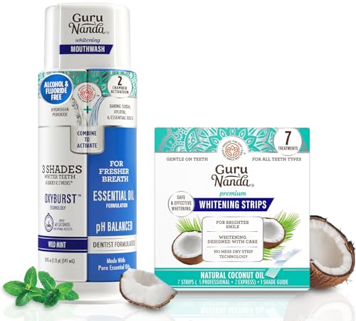GuruNanda Whitening Wonder Duo, Dual Barrel Oxyburst Whitening Mouthwash 20 Oz & Teeth Whitening Strips with No Slip, Dry Strip Tech, 7 Day Treatments - Image 1