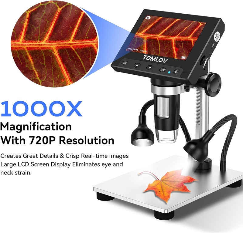 TOMLOV 1000X Coin Microscope with 4.3" Screen, Digital Microscope Magnifier with LED Lights, Metal Stand, PC View, Photo/Video, 32GB SD Card, Windows, macOS Compatible, DM4S - Image 3