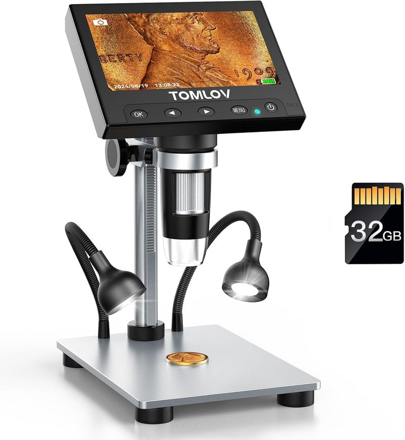 TOMLOV 1000X Coin Microscope with 4.3" Screen, Digital Microscope Magnifier with LED Lights, Metal Stand, PC View, Photo/Video, 32GB SD Card, Windows, macOS Compatible, DM4S - Image 1