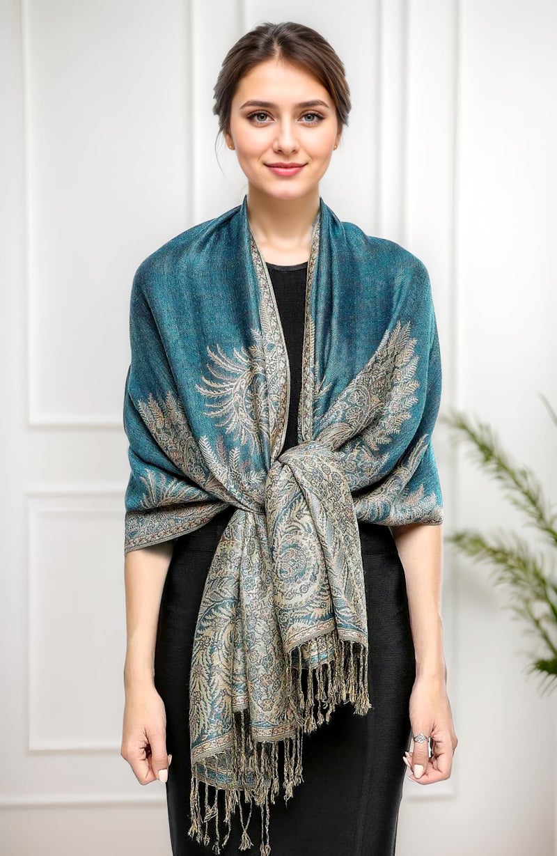 Achillea Luxurious Double Layered Jacquard Big Paisley Pashmina Shawl Wrap Scarf (Turquoise) - Image 4