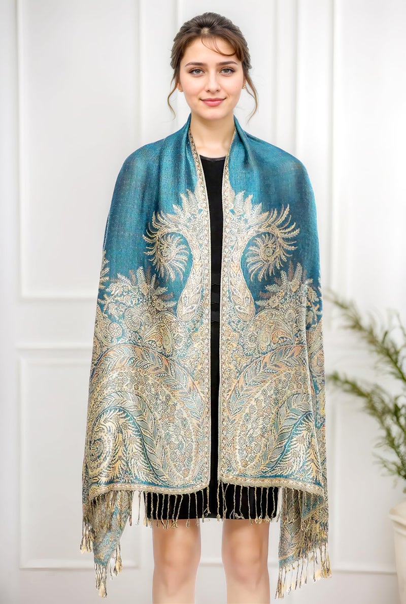 Achillea Luxurious Double Layered Jacquard Big Paisley Pashmina Shawl Wrap Scarf (Turquoise) - Image 2