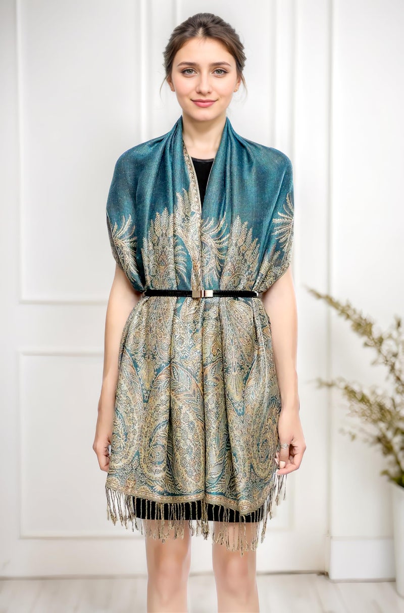 Achillea Luxurious Double Layered Jacquard Big Paisley Pashmina Shawl Wrap Scarf (Turquoise) - Image 3