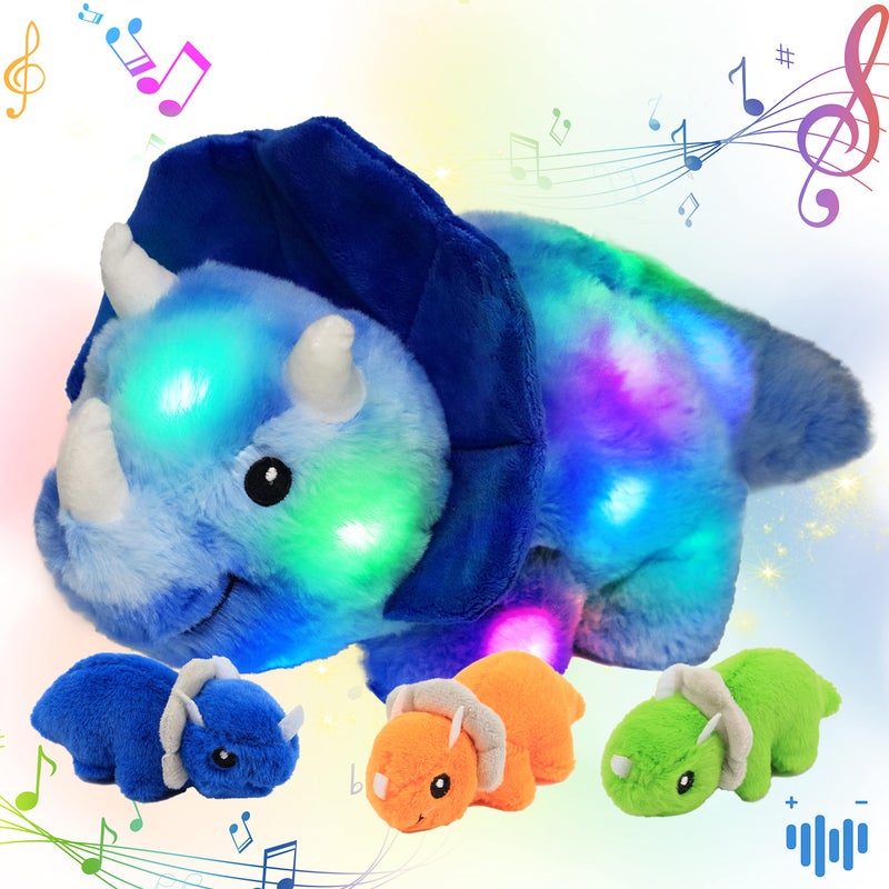 Hopearl LED Musical Stuffed Dinosaur Playset Lighting Up Singing Plush Toy Mommy Triceratops with 3 Babies in her Tummy Adjustable Volume Lullaby Animated Soothe Gifts for Toddlers Boys Blue 15 - Image 3