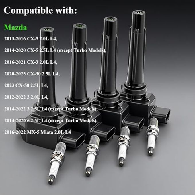 TTpartmoto 4Pcs Ignition Coil Pack & Spark Plugs Fit for Mazda 13-20 CX-5, 16-21 CX-3, 20-23 CX-30, 23 CX-50 2.5L L4, 16-22 MX-5 Miata Replace# UF656 PE0118100 PE0118100A PE2018100 PE2018100A UF805 93501 - Image 2