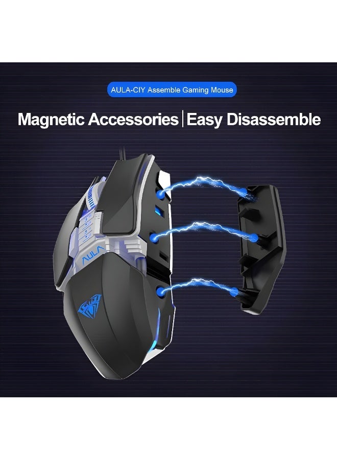 AULA H508 Professional Wired Gaming Mouse with High DPI - Ergonomic Design - 7 Programmable Buttons - Compatible with All Operating Systems - USB Port - Blue Light - Black - Image 2