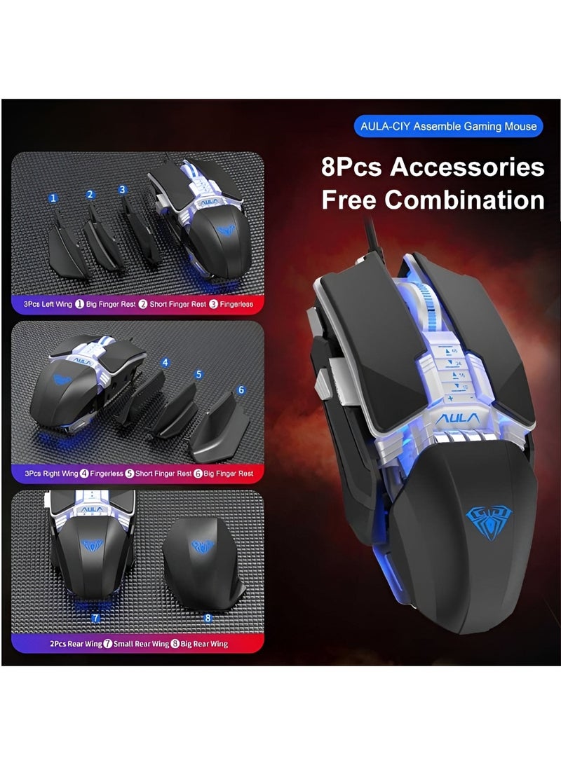 AULA H508 Professional Wired Gaming Mouse with High DPI - Ergonomic Design - 7 Programmable Buttons - Compatible with All Operating Systems - USB Port - Blue Light - Black - Image 4