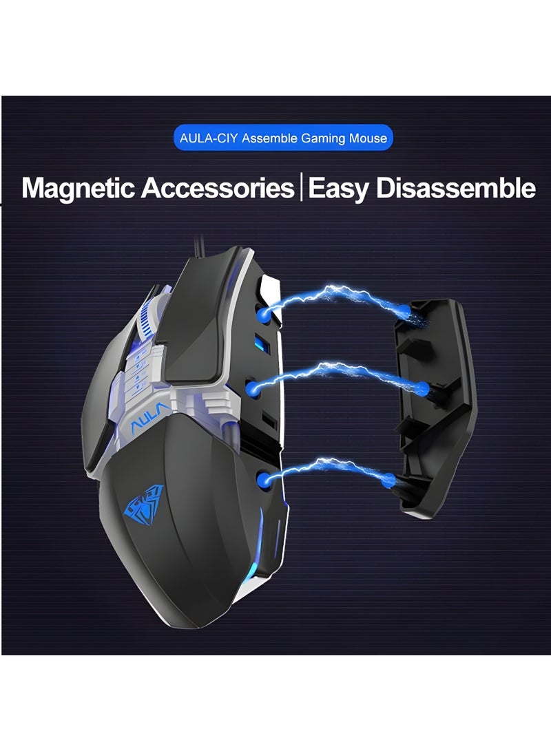 AULA H508 Professional Wired Gaming Mouse with High DPI - Ergonomic Design - 7 Programmable Buttons - Compatible with All Operating Systems - USB Port - Blue Light - Black - Image 5
