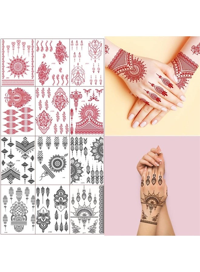 Xmasir Henna Tattoo, 12 Sheets Henna Stickers, 6pcs Red + 6pcs Black, Waterproof Henna Tattoo Stickers for Women Wedding Party (6 Red+ 6 Black) - Image 1