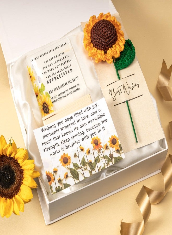 Rarejoy Sunflower Gift Hamper for Women & Men | Handmade Crochet Sunflower with Inspirational message on Acrylic along with wooden Desk plaque & beautiful greeting card | Thoughtful Premium Gift for Birthday, Valentine, Anniversary, Women's Day, Farewell & Corporate Gifting - Image 1