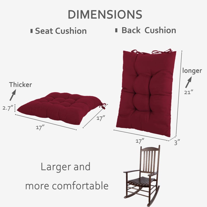 ELFJOY ELFJOY Rocking Chair Cushion Kitchen Chair Cushions with Seat Back Cushion Smooth and Comfortable Chair Pads with Ties 17x17 inch + 17x21 inch  Claret - Image 2