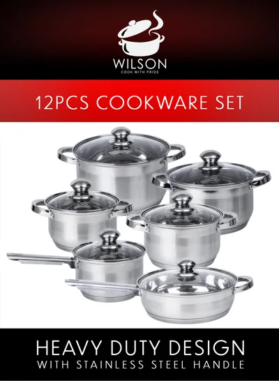 Wilson Wilson Stainless Steel Cookware Set, 12-Piece, Casseroles, Saucepan, Fry Pan, Ergonomic Handles, All Cooktop Compatible, Dishwasher Safe, Durable, Stylish Kitchen Essentials