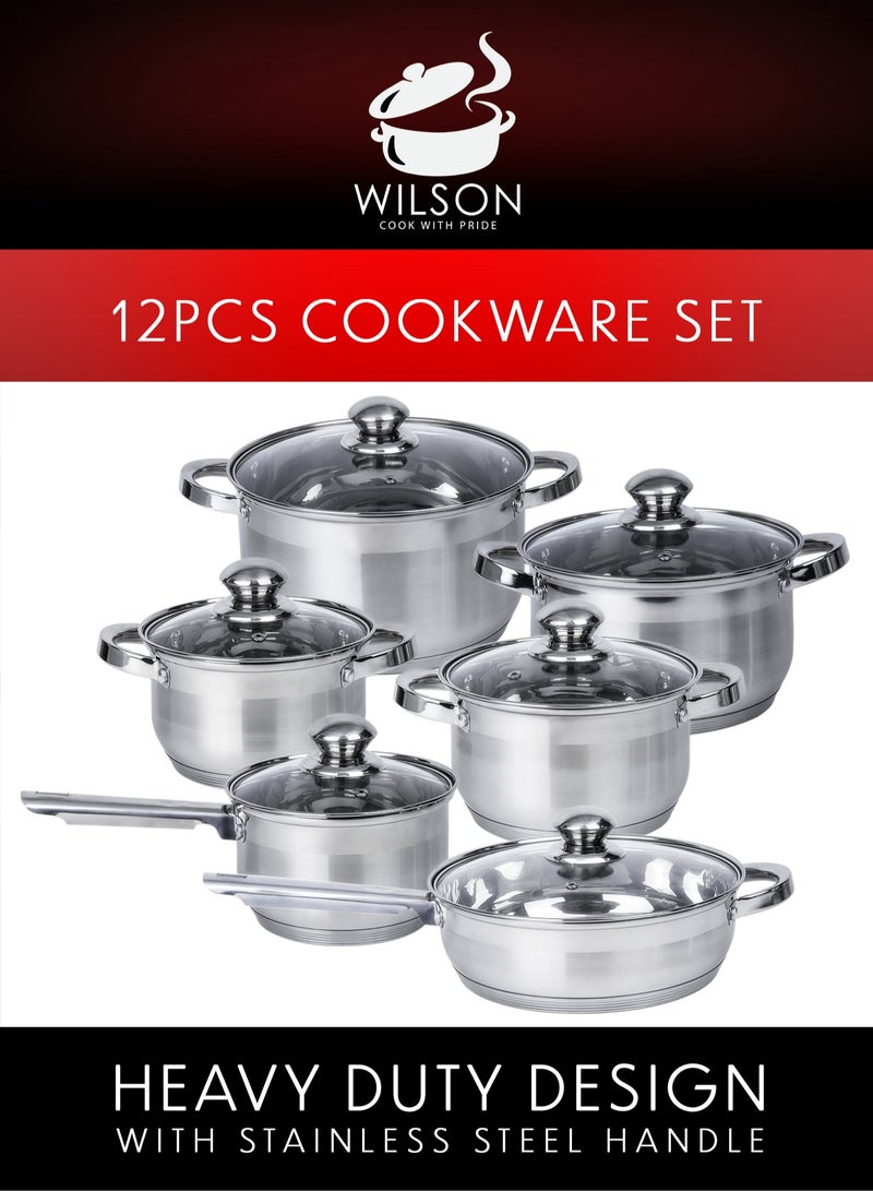ويلسون طقم أواني طهي ويلسون من الستانلس ستيل، 12 قطعة، قدور، مقلاة، مقلاة، مقابض مريحة، متوافق مع جميع المواقد، آمن للغسل في غسالة الصحون، متين، أساسيات مطبخ أنيقة. - Image 1
