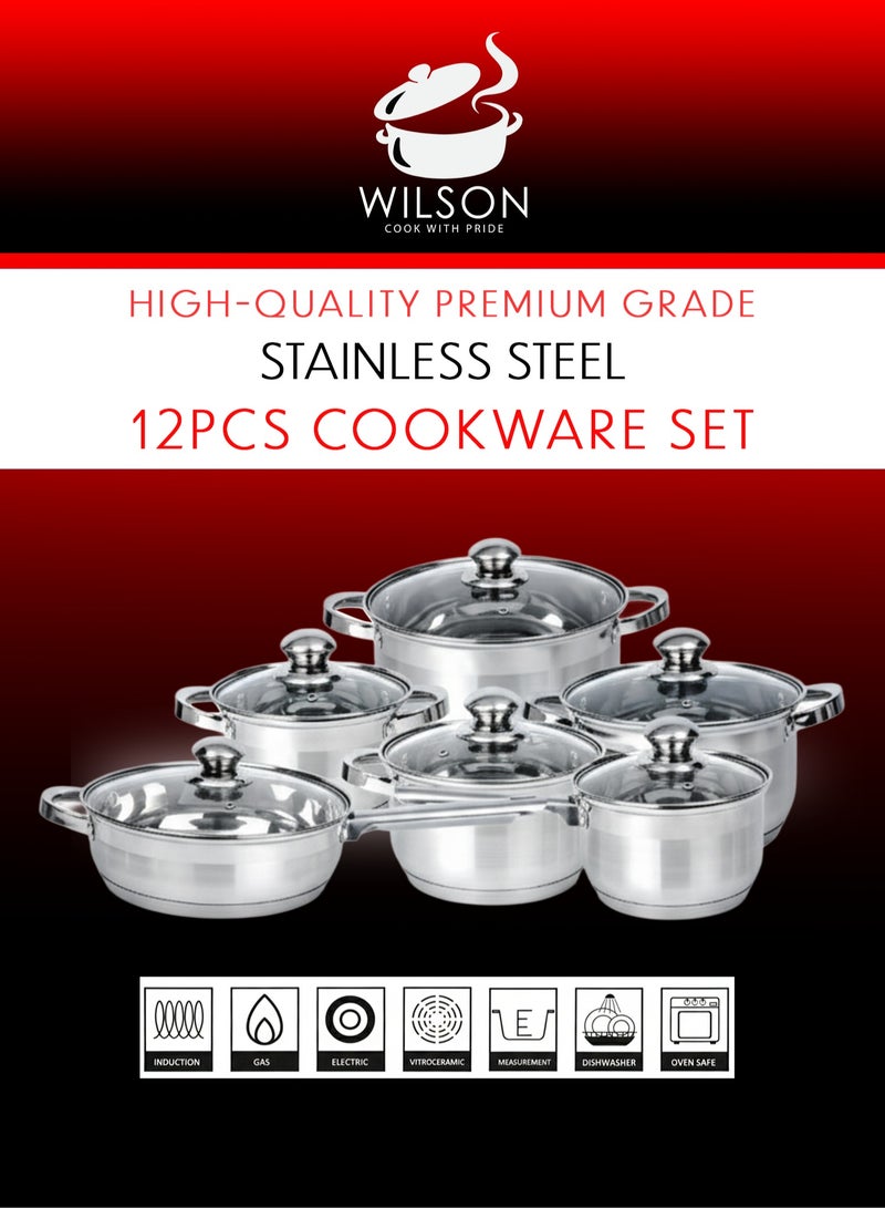 ويلسون طقم أواني طهي ويلسون من الستانلس ستيل، 12 قطعة، قدور، مقلاة، مقلاة، مقابض مريحة، متوافق مع جميع المواقد، آمن للغسل في غسالة الصحون، متين، أساسيات مطبخ أنيقة. - Image 2
