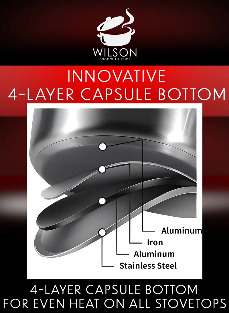 Wilson Wilson Stainless Steel Cookware Set, 12-Piece, Casseroles, Saucepan, Fry Pan, Ergonomic Handles, All Cooktop Compatible, Dishwasher Safe, Durable, Stylish Kitchen Essentials