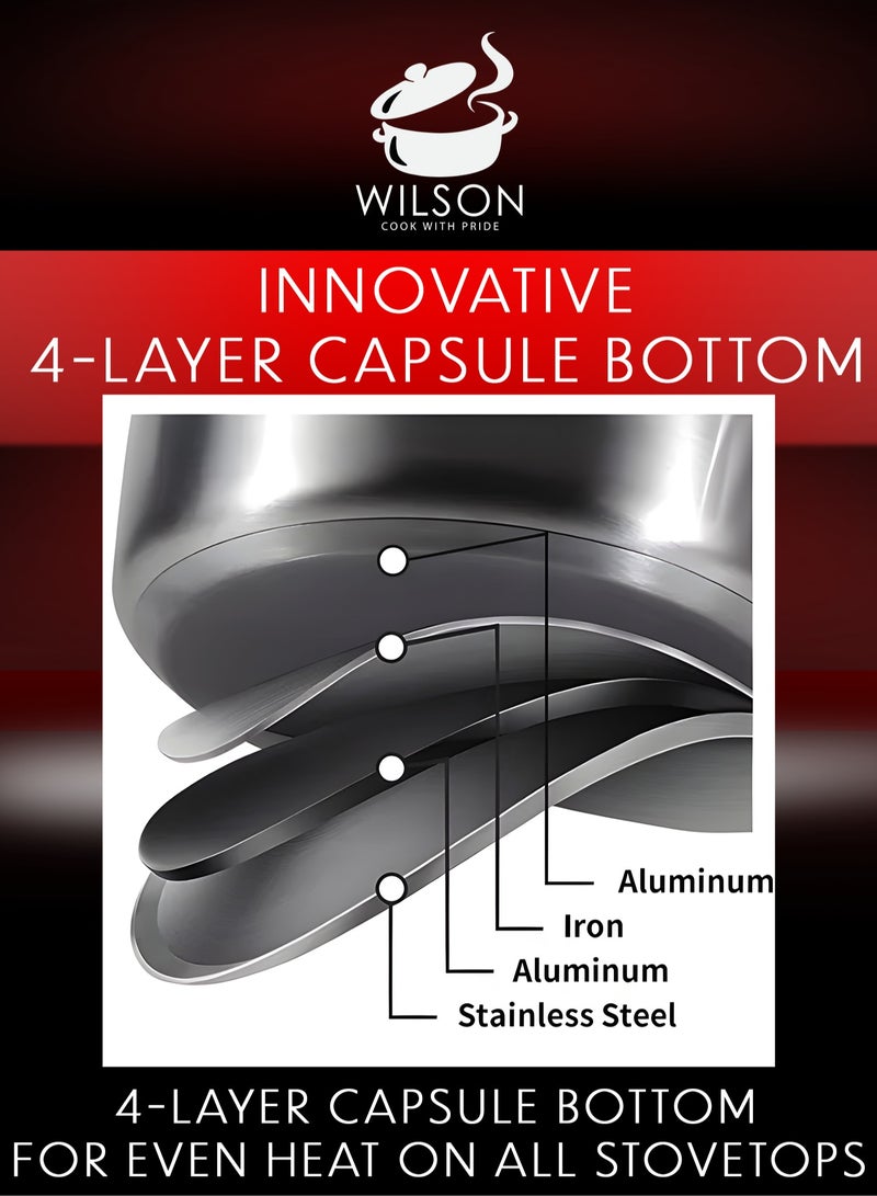ويلسون طقم أواني طهي ويلسون من الستانلس ستيل، 12 قطعة، قدور، مقلاة، مقلاة، مقابض مريحة، متوافق مع جميع المواقد، آمن للغسل في غسالة الصحون، متين، أساسيات مطبخ أنيقة. - Image 4