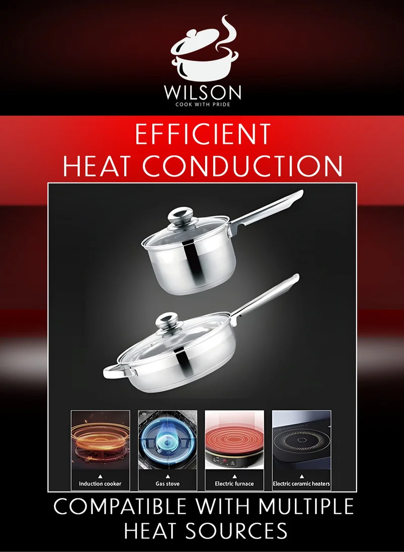 Wilson Wilson Stainless Steel Cookware Set, 12-Piece, Casseroles, Saucepan, Fry Pan, Ergonomic Handles, All Cooktop Compatible, Dishwasher Safe, Durable, Stylish Kitchen Essentials