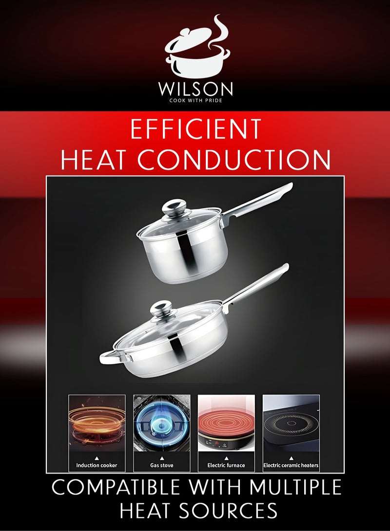 ويلسون طقم أواني طهي ويلسون من الستانلس ستيل، 12 قطعة، قدور، مقلاة، مقلاة، مقابض مريحة، متوافق مع جميع المواقد، آمن للغسل في غسالة الصحون، متين، أساسيات مطبخ أنيقة. - Image 5