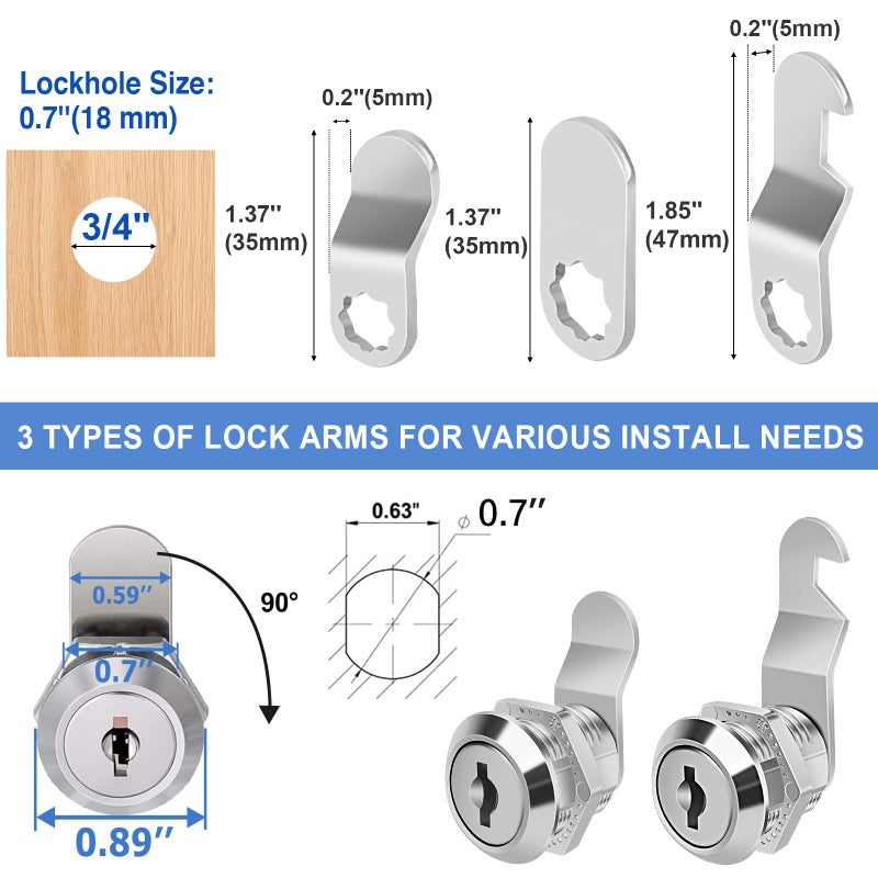 Cylinnda Cabinet Locks (3 Pack, Zinc Alloy), Keyed Alike Cam Lock for Tool Box, RV Storage, Mailbox, 5/8" - Image 3