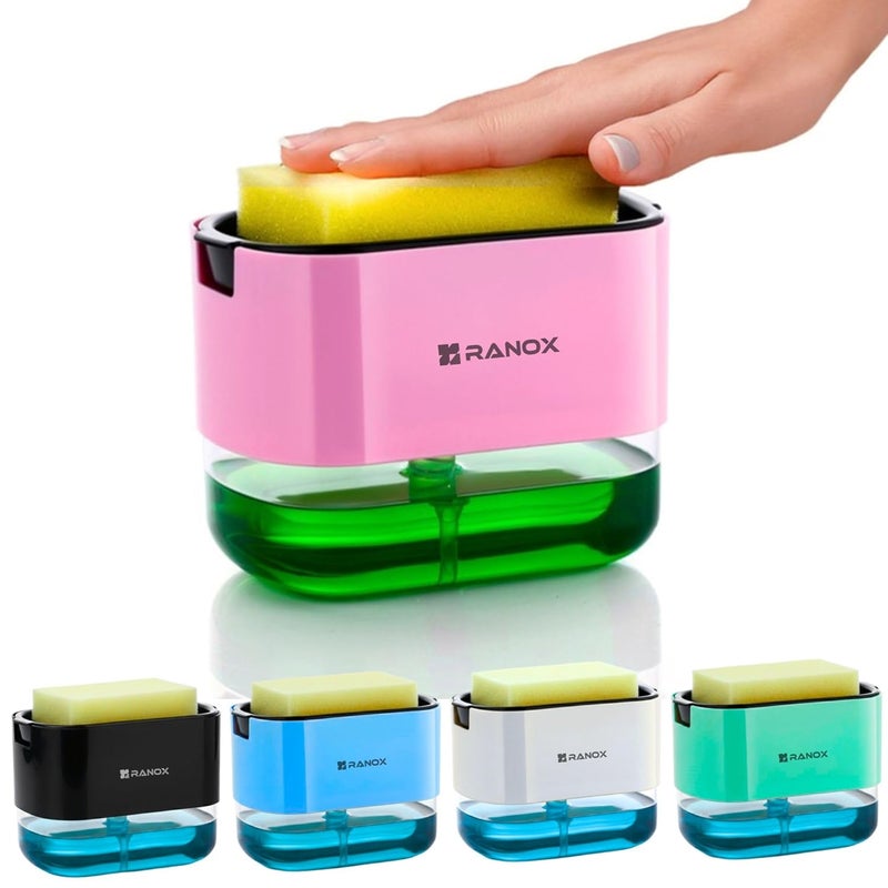 3-in-1 Soap Pump Dispenser with Sponge Holder – 330ml Plastic Liquid Dish Soap Dispenser for Kitchen Sink & Bathroom – Durable, One-Hand Operation (3 in 1) (Pink 2 in 1 Soap Dispenser)