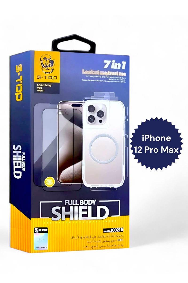 اس-توب بكج الحماية الكاملة لـ آيفون 12 برو ماكس (iPhone 12 Pro Max) مع حماية شاشة للخصوصية (لقافة) و كفر يدعم الشحن اللاسلكي (MagSafe) حماية كاملة لجهازك ضد الخدوش والسقوط (7in1), البكج الجديد و الأصلي من S-TOP
