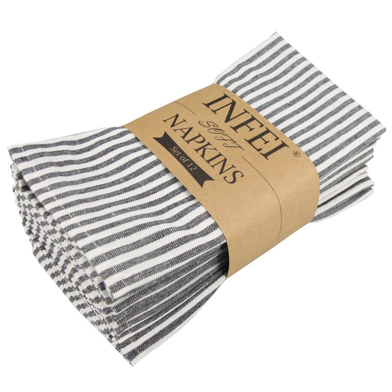 INFEI Plain Striped Cotton Linen Blended Dinner Cloth Napkins Set of 12 40 x 30 cm for Events Home Use Black