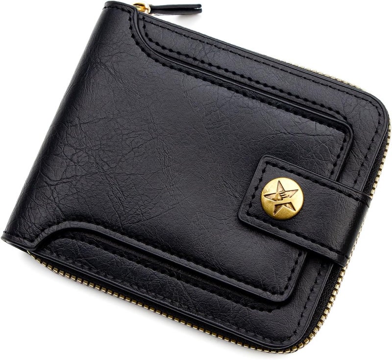 YelaJoy Minimalist Slim PU Leather Wallet for Men,  Classic Design with Zippered Coin Pocket and Button Closure, 9 Card Slots,ID Window,and Bill Compartment, Black, 4.72 x 3.9 x 1.18 Inches ﻿ - Image 1