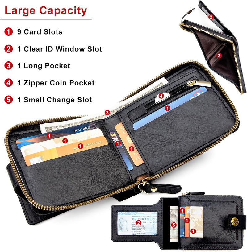 YelaJoy Minimalist Slim PU Leather Wallet for Men,  Classic Design with Zippered Coin Pocket and Button Closure, 9 Card Slots,ID Window,and Bill Compartment, Black, 4.72 x 3.9 x 1.18 Inches ﻿ - Image 2