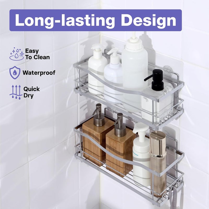 KINCMAX Iron Shower Caddies - Self Adhesive Bathroom Shelves for Showers - Wall Organizer Shampoo Holder Shelf - Peel and Stick On Caddy Bath Tub Rack - Pack of 2 Holders - Silver - Image 4