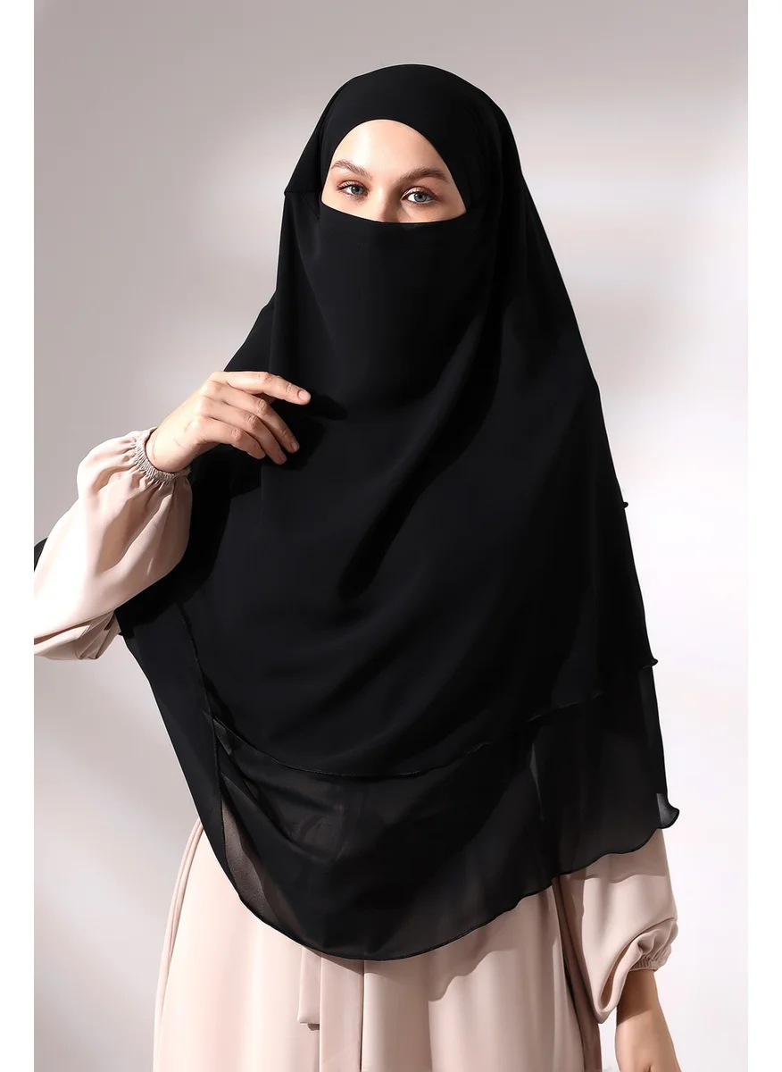 İhvan Ihvan Black Three Layer Veiled Short Chiffon Hijab Soufflé Scarf