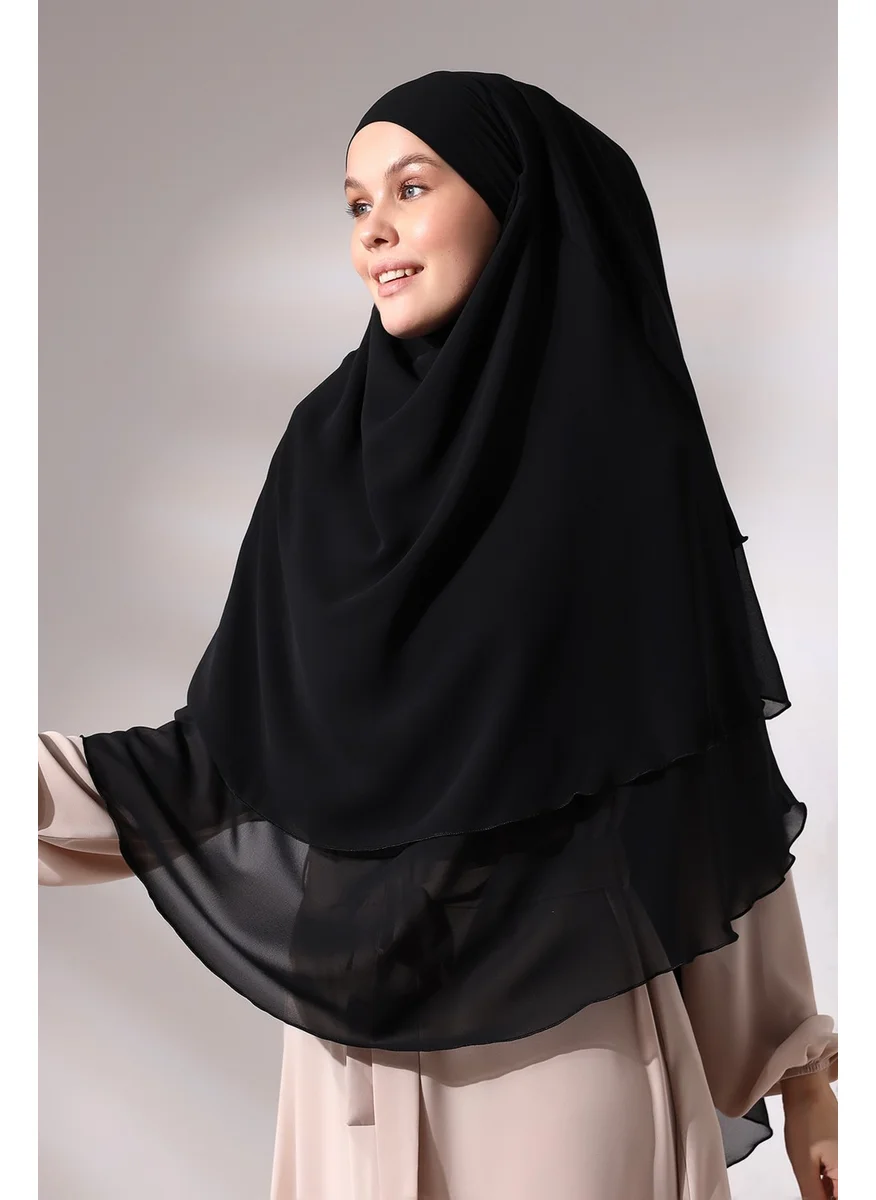 İhvan Ihvan Black Three Layer Veiled Short Chiffon Hijab Soufflé Scarf