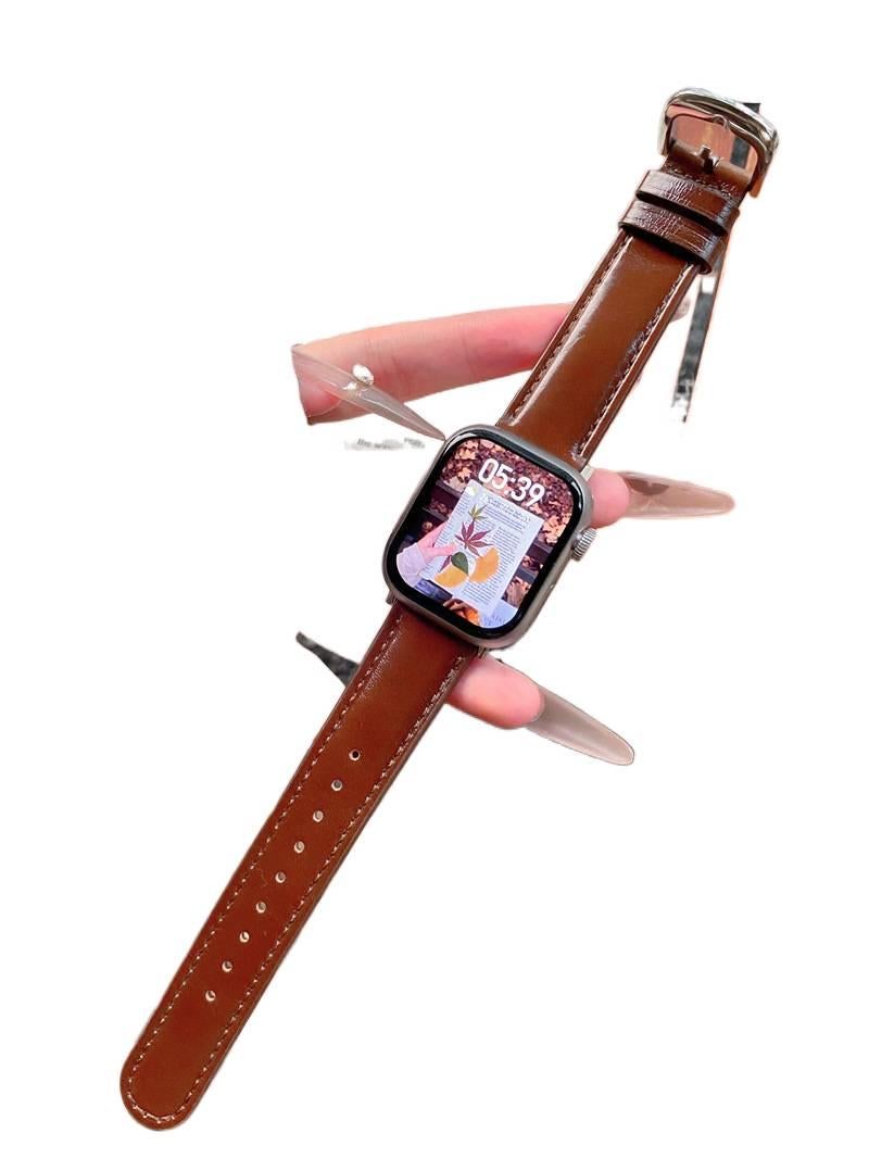 AD Brown Classic Leather Strap Smartwatch Band Compatible with Apple Watch Ultra with Adjustable Fit Replacement Strap for Daily Wear - Image 1