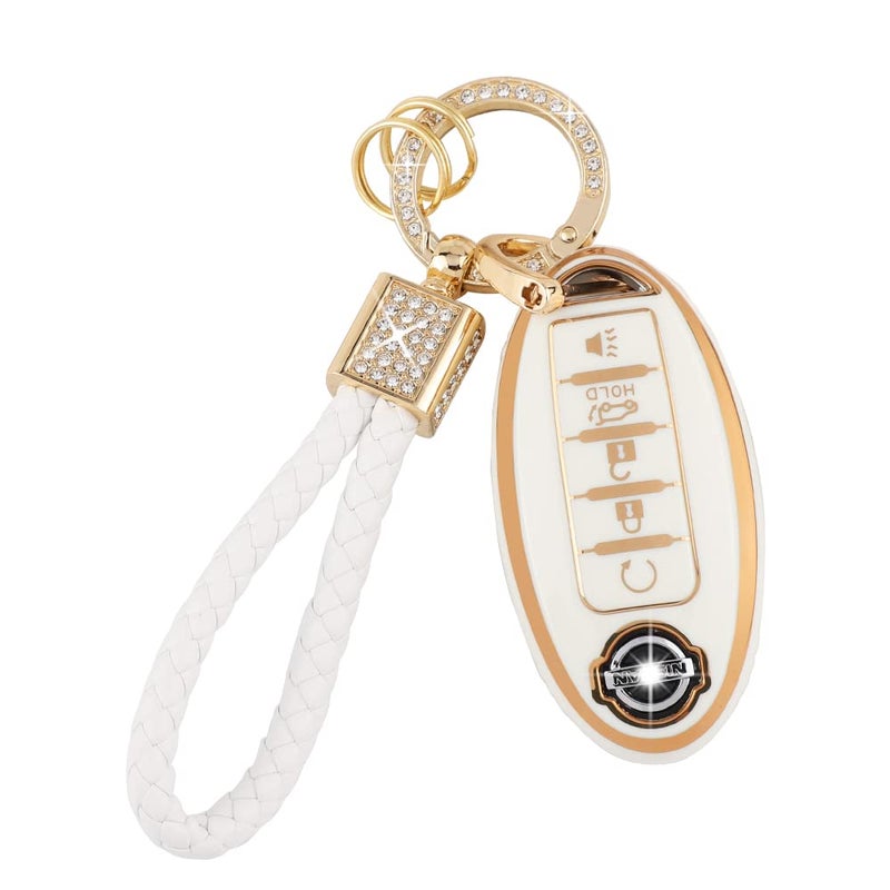 PIFOOG Accessories for Nissan Key Cover TPU Car Keys Shell Chain Waterproof Fit Nissan Altima Sentra Rogue Pathfinder Murano Armada Maxima Versa Remote Key White Girly
