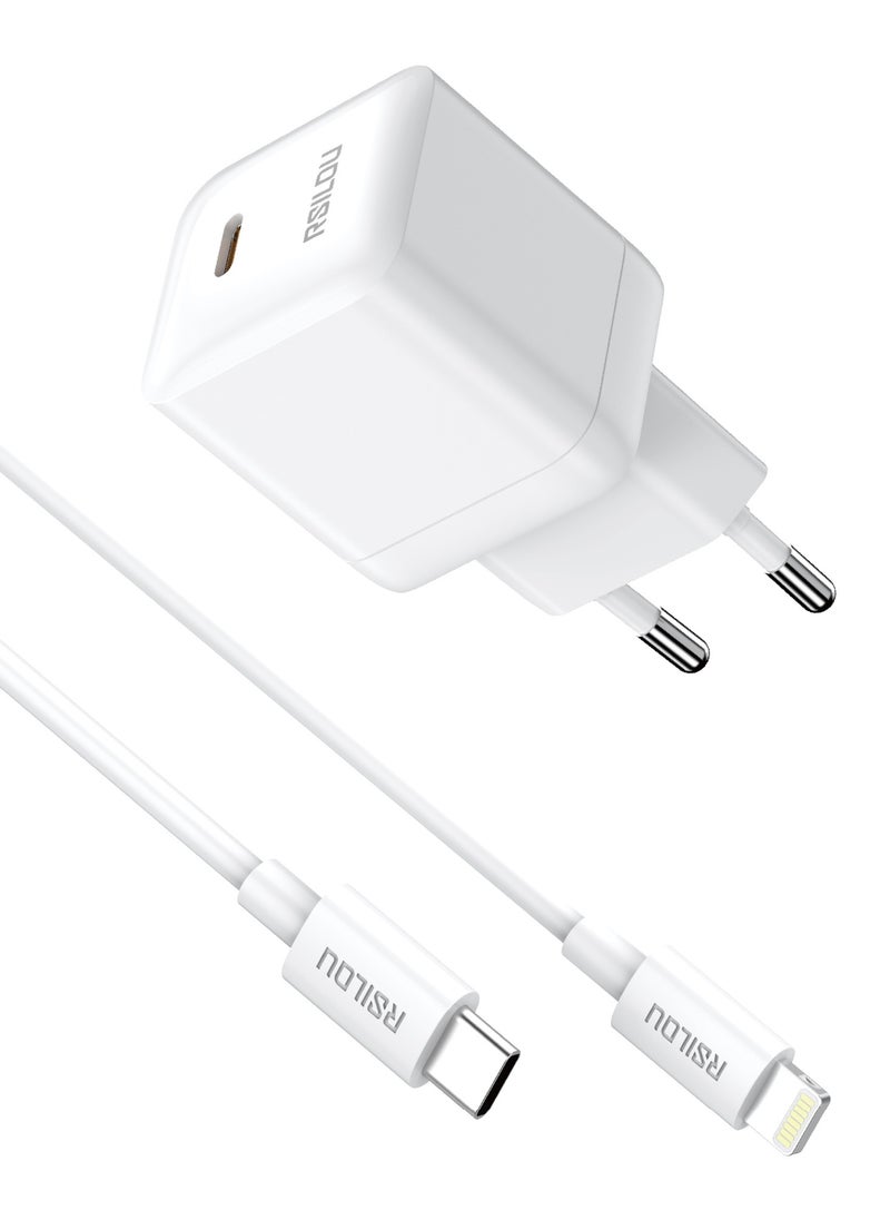 rsilou - 30W USB-C GaN Charger Kit Super Fast Charger and 30W Lightning to USB-C Cable 100cm, Durable and Flexible, Fast Charging and Data Cable, 1m Braided, Copper Wires for 480Mbps Speed ​​Transfer, Tangle and Knot Free, White - Image 1