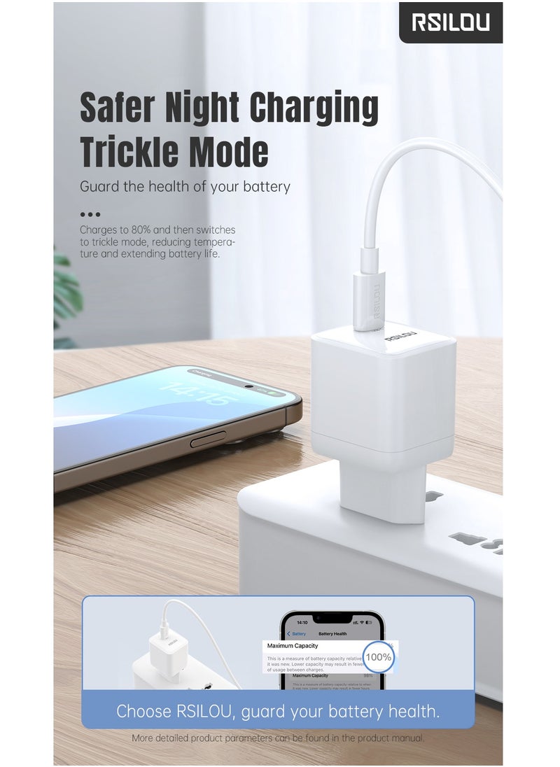 rsilou - 30W USB-C GaN Charger Kit Super Fast Charger and 30W Lightning to USB-C Cable 100cm, Durable and Flexible, Fast Charging and Data Cable, 1m Braided, Copper Wires for 480Mbps Speed ​​Transfer, Tangle and Knot Free, White - Image 1