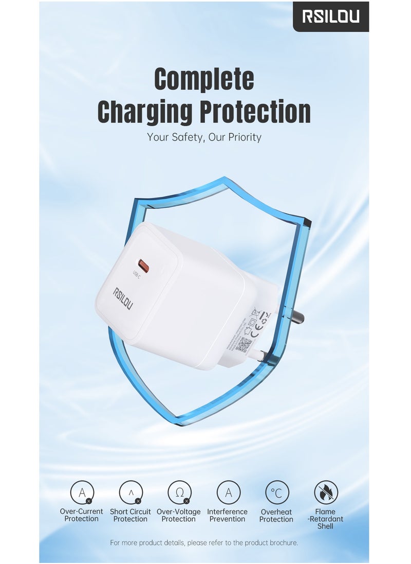rsilou - 30W USB-C GaN Charger Kit Super Fast Charger and 30W Lightning to USB-C Cable 100cm, Durable and Flexible, Fast Charging and Data Cable, 1m Braided, Copper Wires for 480Mbps Speed ​​Transfer, Tangle and Knot Free, White - Image 1
