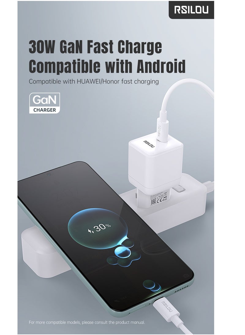 rsilou - 30W USB-C GaN Charger Kit Super Fast Charger and 30W Lightning to USB-C Cable 100cm, Durable and Flexible, Fast Charging and Data Cable, 1m Braided, Copper Wires for 480Mbps Speed ​​Transfer, Tangle and Knot Free, White - Image 1