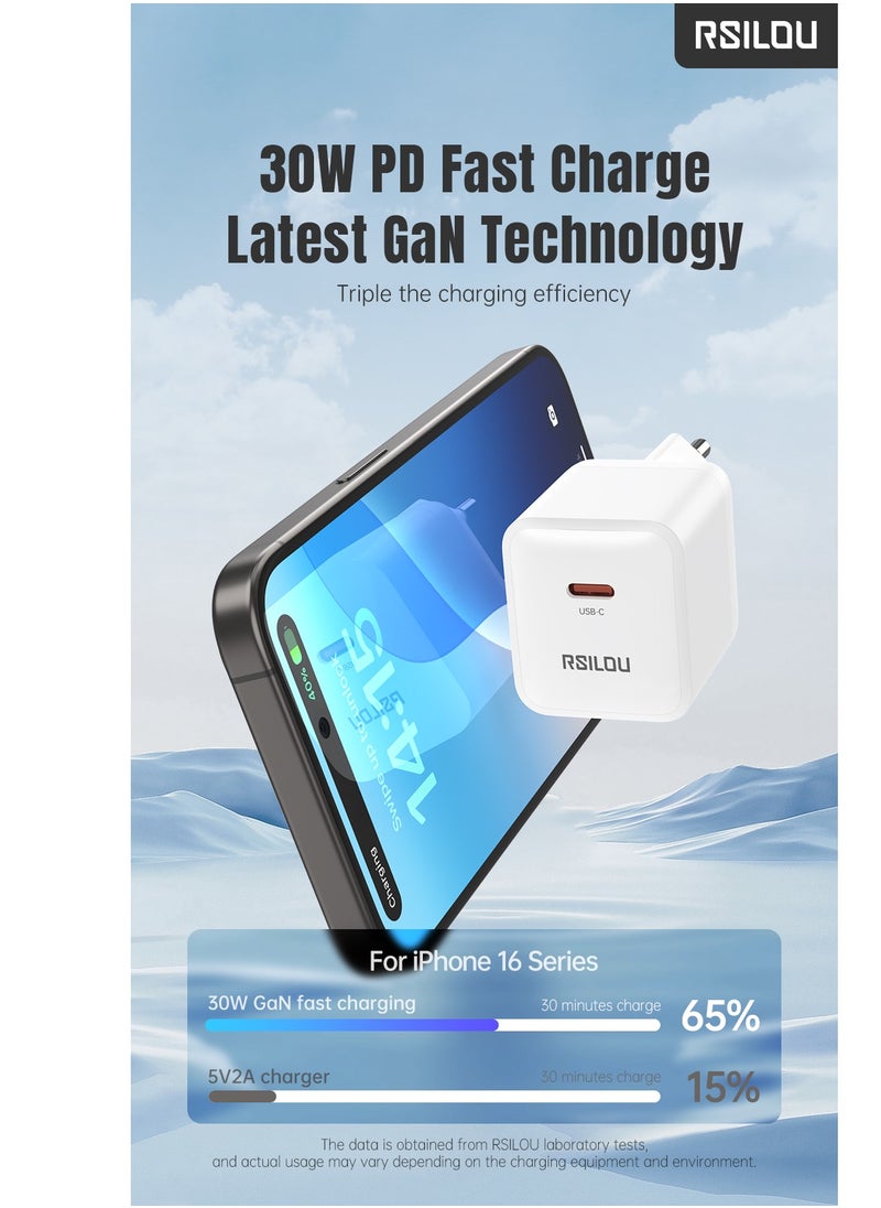 rsilou - 30W USB-C GaN Charger Kit Super Fast Charger and 30W Lightning to USB-C Cable 100cm, Durable and Flexible, Fast Charging and Data Cable, 1m Braided, Copper Wires for 480Mbps Speed ​​Transfer, Tangle and Knot Free, White - Image 1