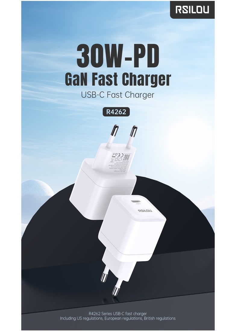 rsilou - 30W USB-C GaN Charger Kit Super Fast Charger and 30W Lightning to USB-C Cable 100cm, Durable and Flexible, Fast Charging and Data Cable, 1m Braided, Copper Wires for 480Mbps Speed ​​Transfer, Tangle and Knot Free, White - Image 1