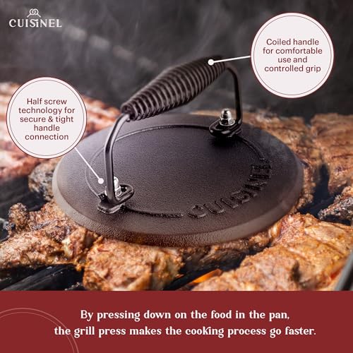 Cuisinel Cast Iron Skillet + Grill Press + Scraper Set - 12"-inch Pre-Seasoned Frying Pan + Silicone Handle Grip - 7" Round Burger Smasher - Indoor/Outdoor, Stove, Oven, Grill, Induction Kitchen Cookware - Image 5