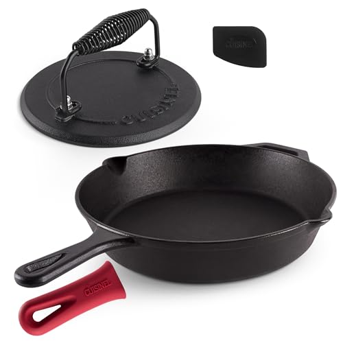 Cuisinel Cast Iron Skillet + Grill Press + Scraper Set - 12"-inch Pre-Seasoned Frying Pan + Silicone Handle Grip - 7" Round Burger Smasher - Indoor/Outdoor, Stove, Oven, Grill, Induction Kitchen Cookware - Image 1