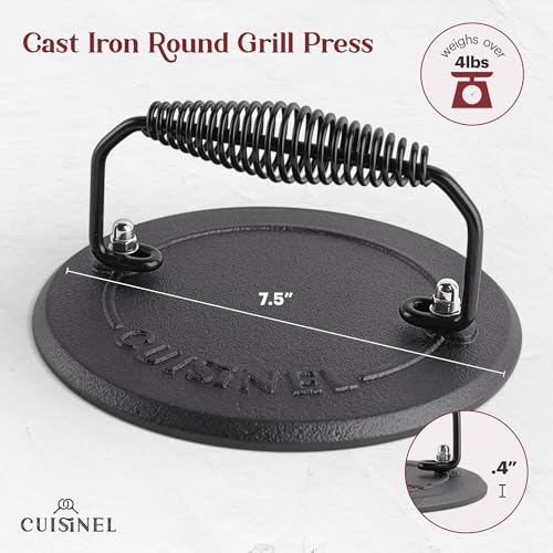 Cuisinel Cast Iron Skillet + Grill Press + Scraper Set - 12"-inch Pre-Seasoned Frying Pan + Silicone Handle Grip - 7" Round Burger Smasher - Indoor/Outdoor, Stove, Oven, Grill, Induction Kitchen Cookware - Image 4