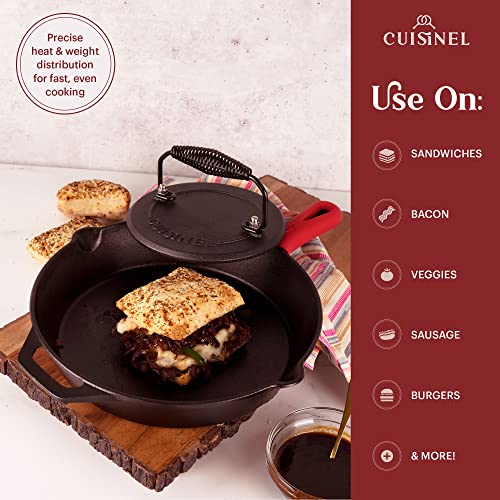 Cuisinel Cast Iron Skillet + Grill Press + Scraper Set - 12"-inch Pre-Seasoned Frying Pan + Silicone Handle Grip - 7" Round Burger Smasher - Indoor/Outdoor, Stove, Oven, Grill, Induction Kitchen Cookware - Image 2