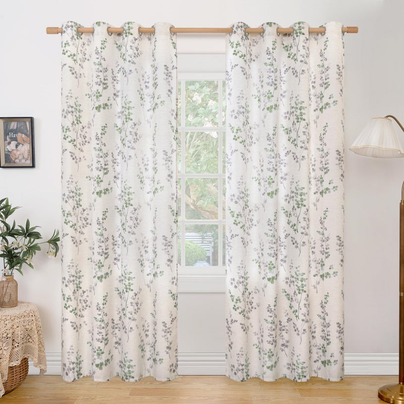 BGment Linen Curtains for Living Room 84 Inch Length 2 Panels Set Spring Floral Leaf Patterns, Light Filtering Window Privacy Boho Curtains for Bedroom, Each 52 Inch Wide, Grass Green - Image 1