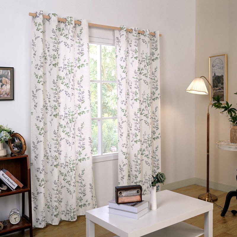 BGment Linen Curtains for Living Room 84 Inch Length 2 Panels Set Spring Floral Leaf Patterns, Light Filtering Window Privacy Boho Curtains for Bedroom, Each 52 Inch Wide, Grass Green - Image 2