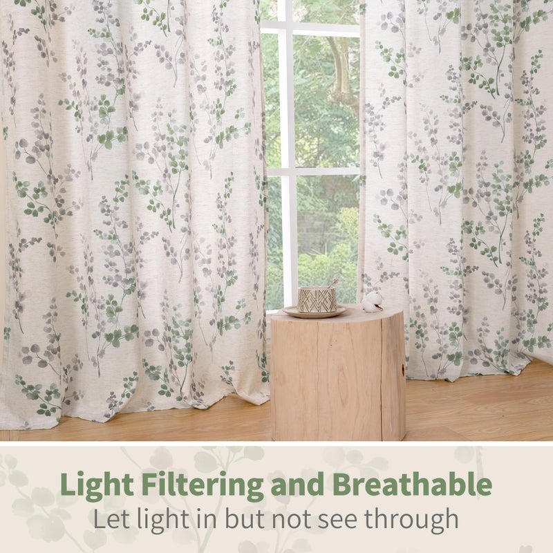 BGment Linen Curtains for Living Room 84 Inch Length 2 Panels Set Spring Floral Leaf Patterns, Light Filtering Window Privacy Boho Curtains for Bedroom, Each 52 Inch Wide, Grass Green - Image 5