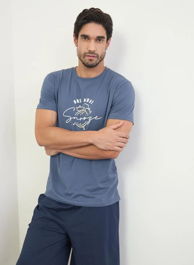 Styli Men Blue Printed T-Shirt and Shorts Set