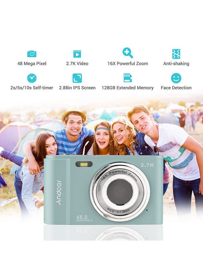 Generic Andoer Portable Digital Camera 48MP 2.7K 2.88-inch with 2pcs Batteries Hand Strap Carry Pouch green  - Image 2