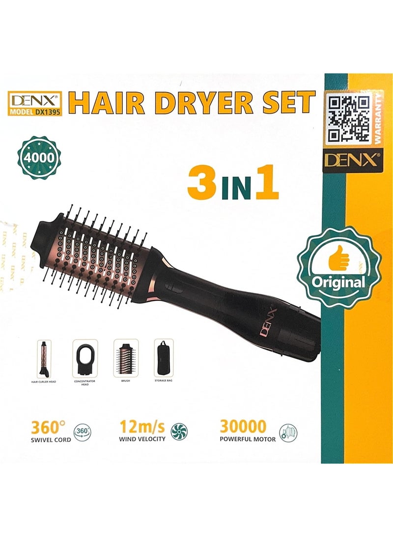 DENX 3-in-1 Hair Dryer Brush Set for Women with Interchangeable Heads, Adjustable Heat, Swivel Cord, Low Noise, Ionic Airflow, Detachable Design, Hair Styling Tool for Drying and Smoothingl, DX1395 - Image 1
