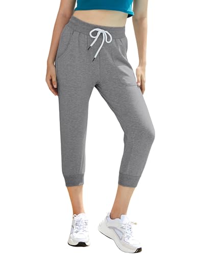 SPECIALMAGIC Women's Capri Sweatpants Cropped Jogger Terry Running Pants Lounge Drawstring with Side Pockets Heather Grey L - Image 1