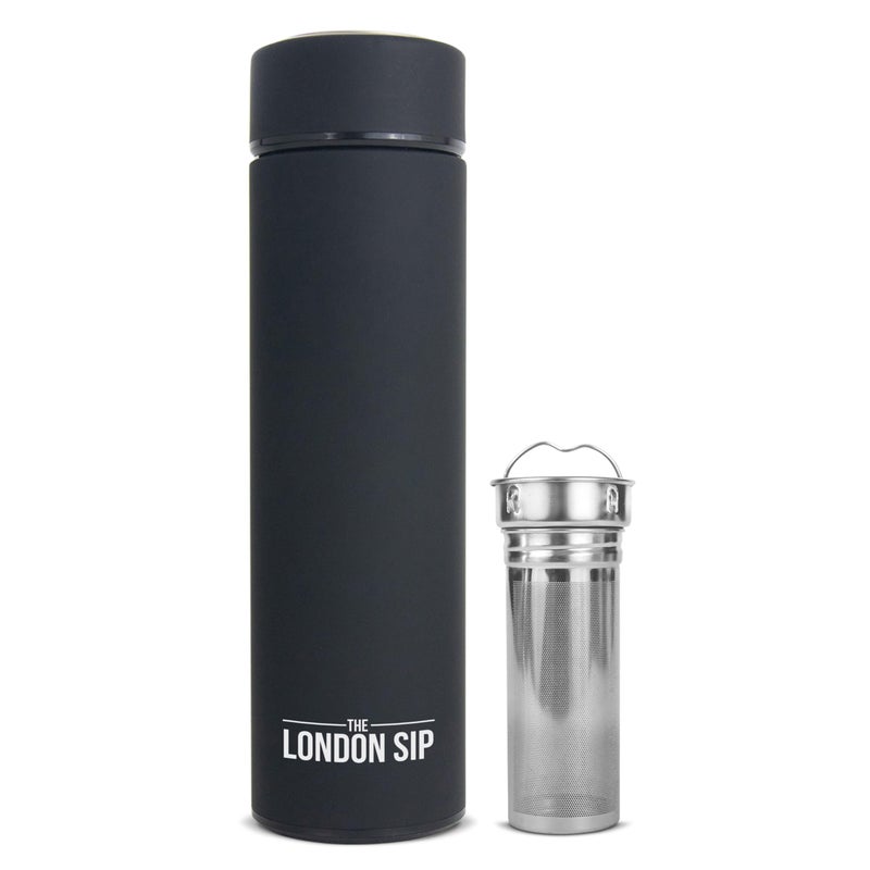 The London Sip London Sip MultiPurpose Tea Infuser Travel Mug and Tumbler Fruit Infuser Flask Hot and Cold Double Wall Stainless Steel Thermos with ExtraLong Infuser Zen Black